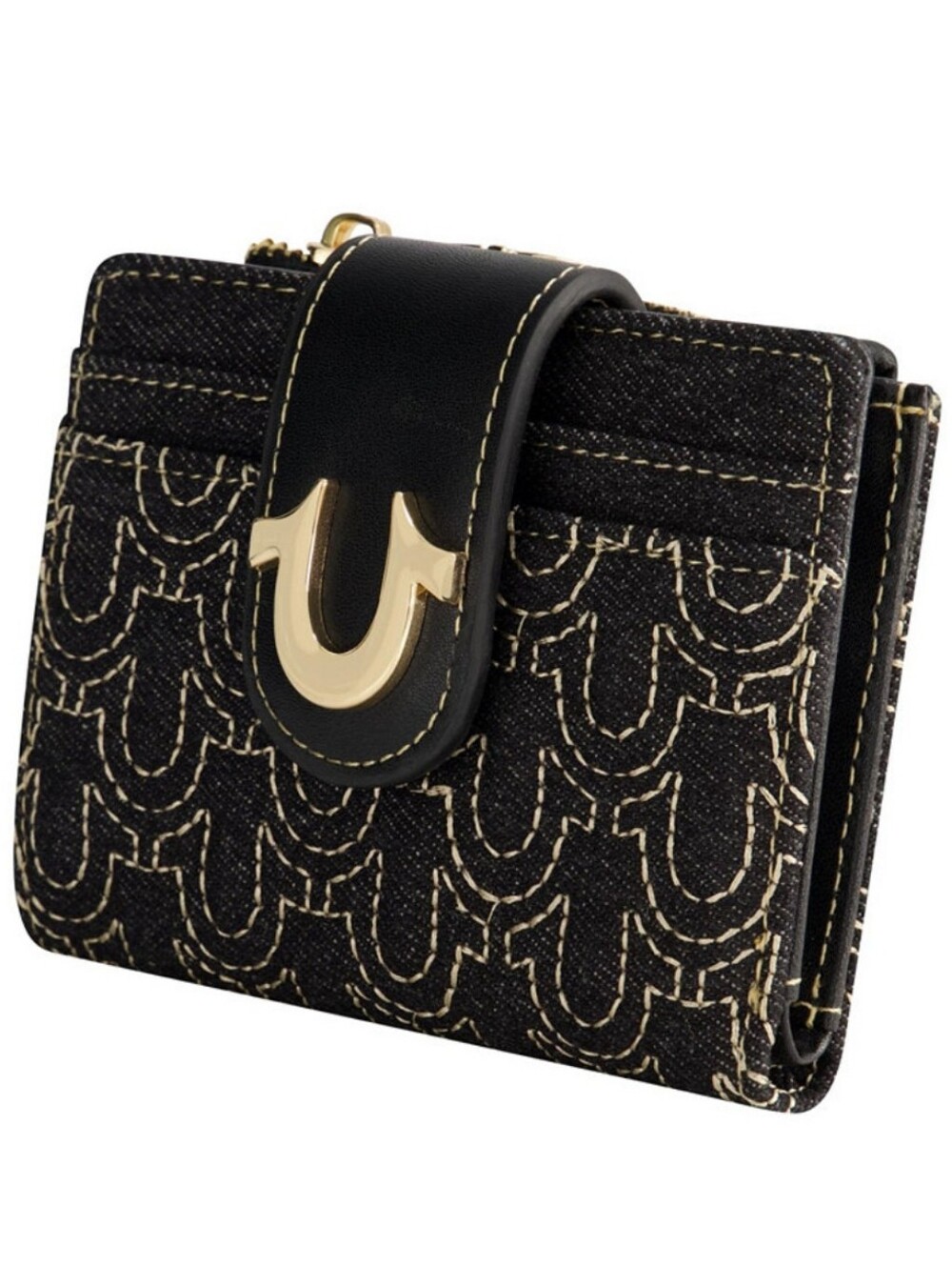 True Religion Black Wallet with Gold Logo Accent